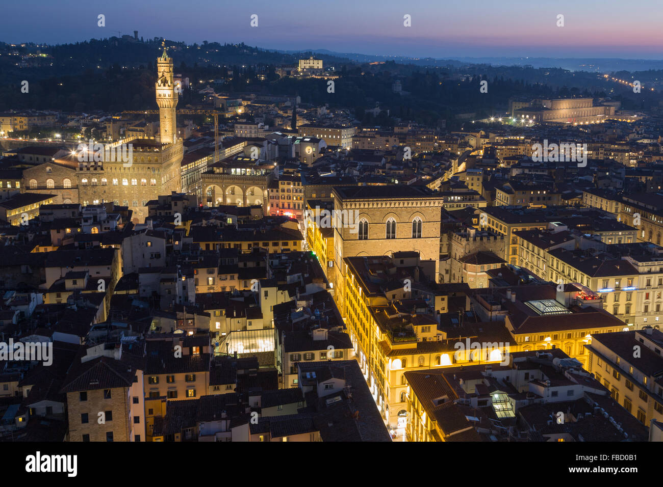Palazzo Vecchio, Palazzo Pitti and Orsanmichele Church at dusk, historic centre, Florence, Tuscany, Italy Stock Photo