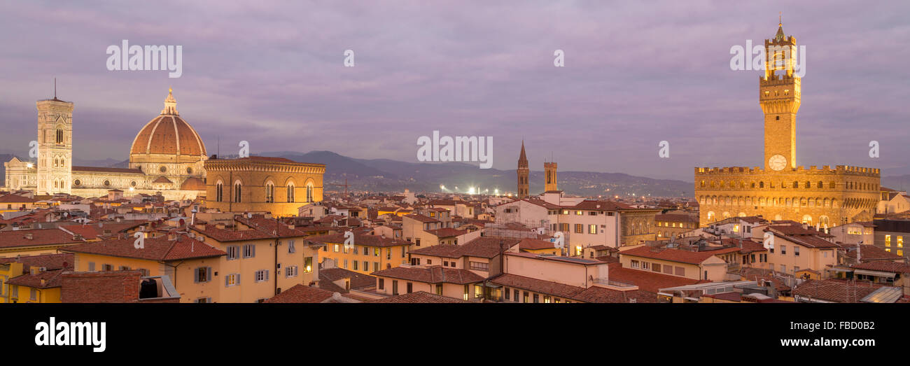 Florence cathedral and Palazzo Vecchio at dusk, historic centre, Florence, Tuscany, Italy Stock Photo