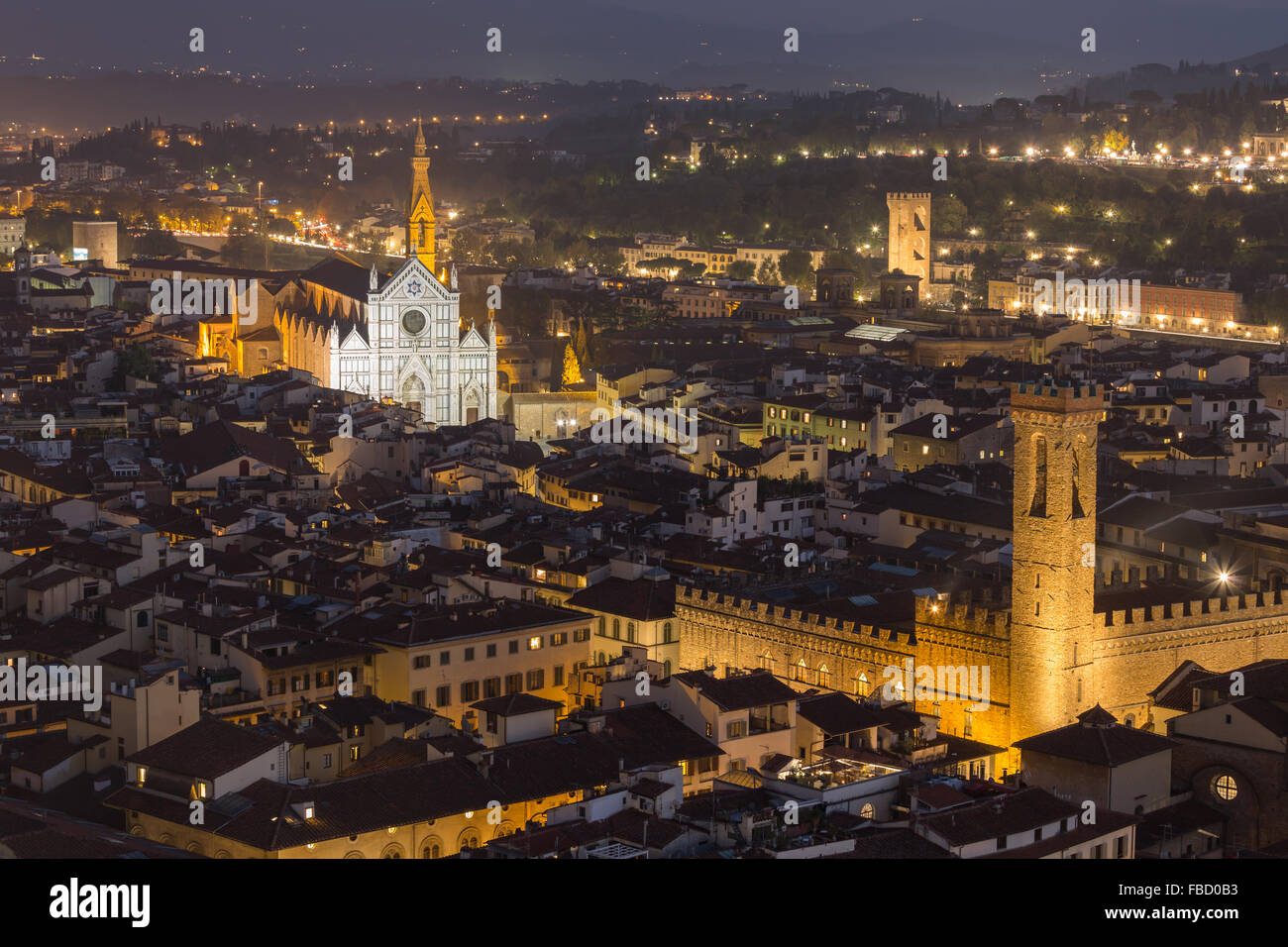 Palazzo Vecchio and Santa Croce Church at night, historic centre, Florence, Tuscany, Italy Stock Photo