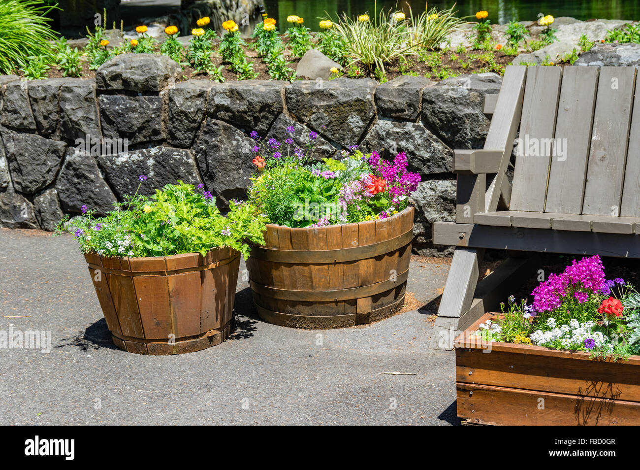 Planted flower containers at the Bonneville Fish Hatchery.  Cascade Locks, Oregon, USA Stock Photo