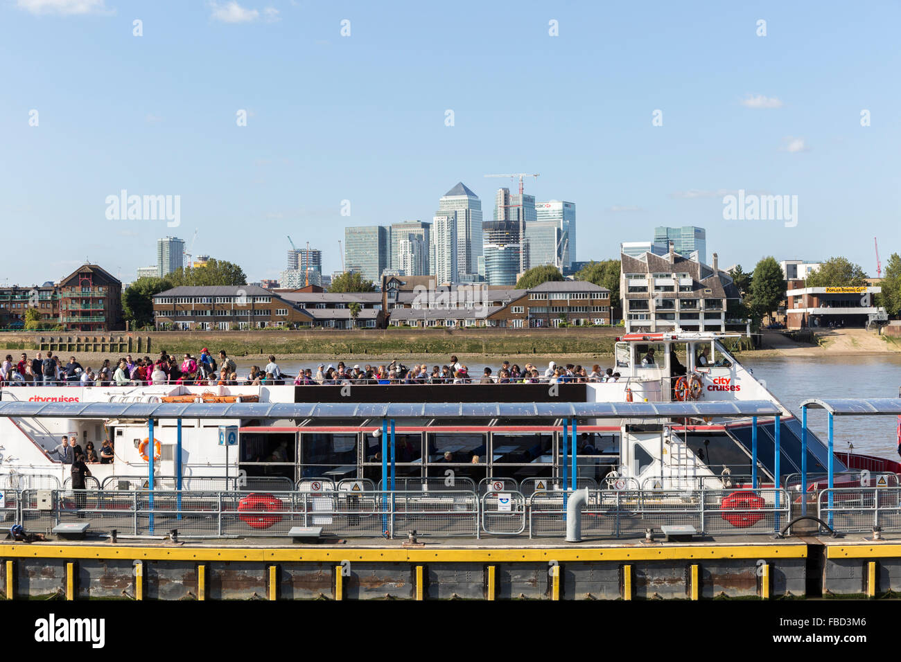 View from Greenwich Pier to Canary Wharf, London, United Kingdom Stock Photo