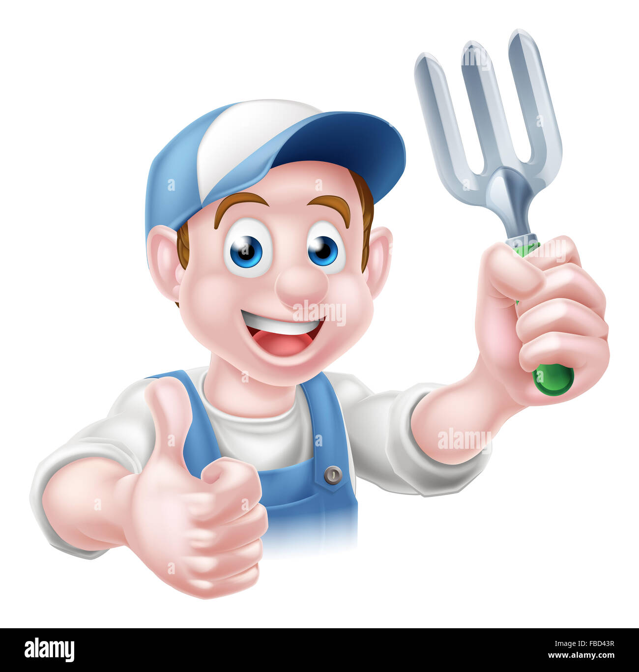 A cartoon gardener man holding a garden fork and giving a thumbs up Stock Photo