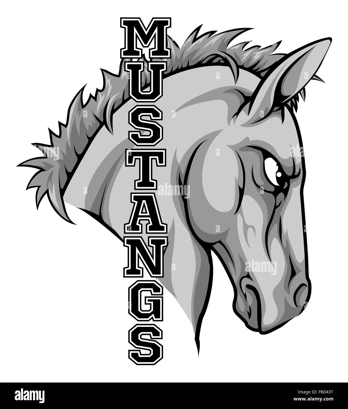 An illustration of a cartoon horse sports team mascot with the text Mustangs Stock Photo