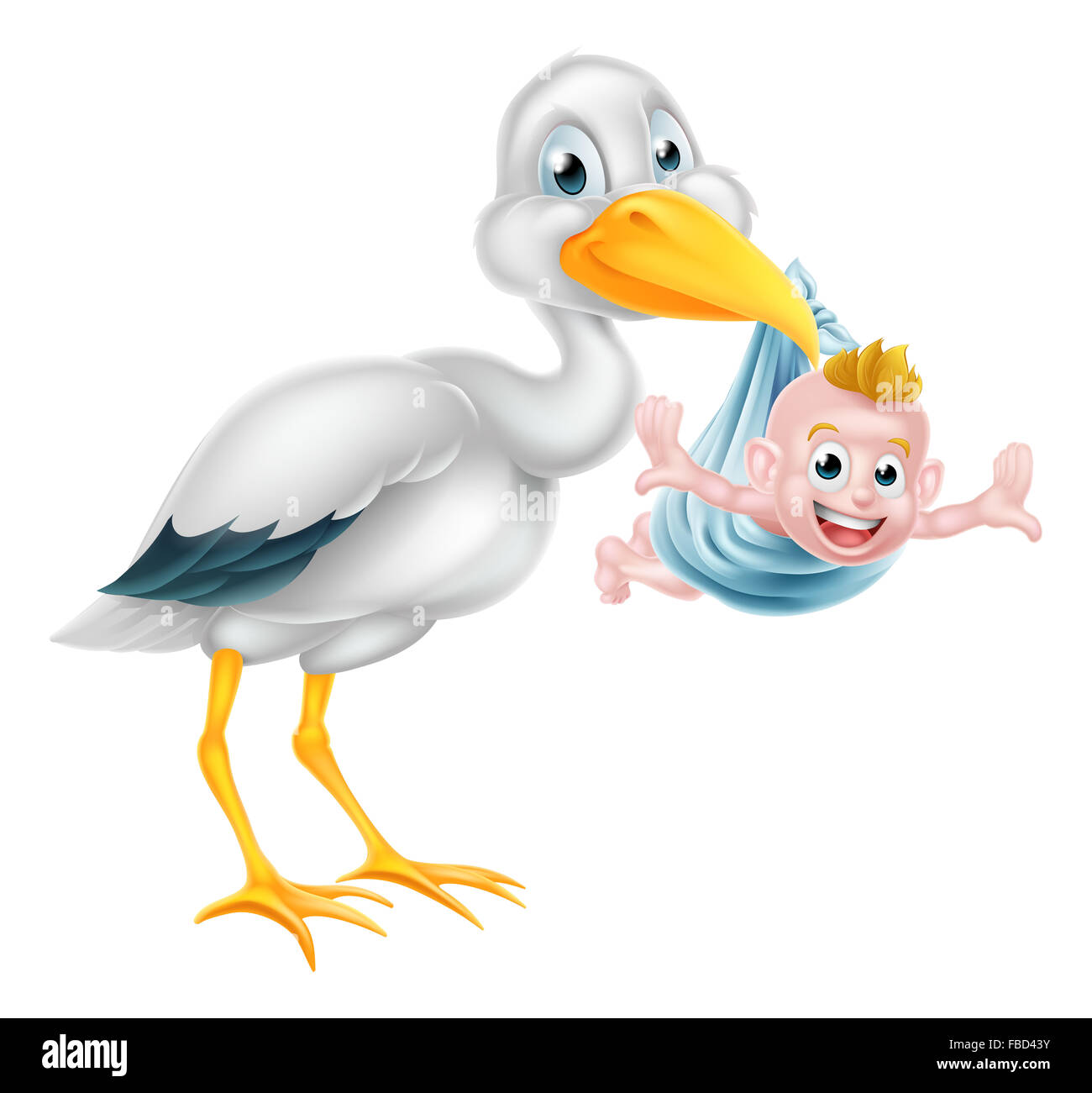 An illustration of a cartoon stork bird holding a newborn baby. Classic  myth of stork bird delivering a new born baby Stock Photo - Alamy