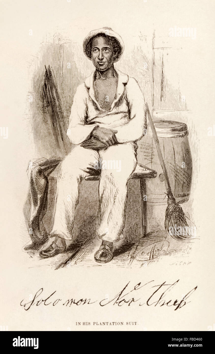 Illustration of Solomon Northup (1807-1863) in his plantation suit from 'Twelve Years a Slave or Solomon Northup, a citizen of New York' published in 1853. The book recounts the author's experience as a free-born African American from New York being kidnapped and sold as a slave and forced to work 12 years on a cotton plantation in Louisiana. He managed to get word to family through a Canadian staying on the plantation and regained his freedom. He went on to became active in the abolitionist movement. See description for more information. Stock Photo