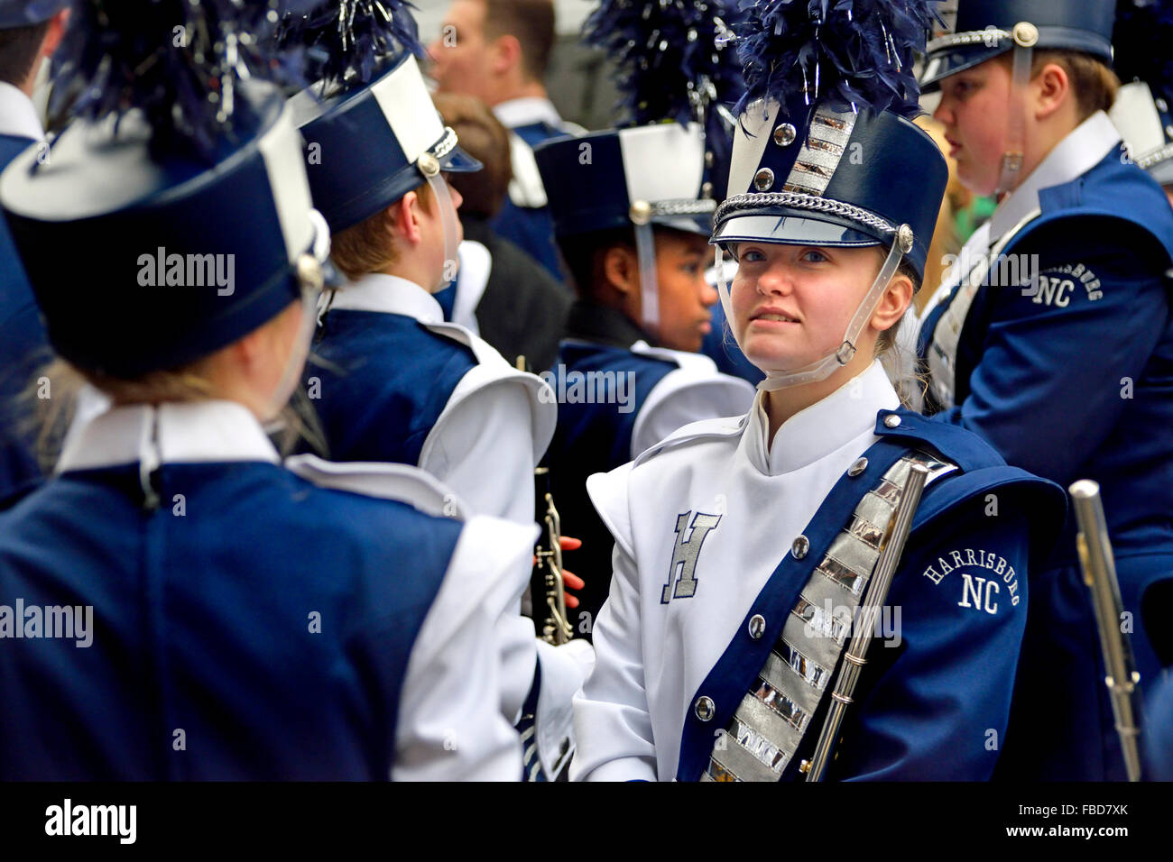 London, UK. New Year's Day Parade, Jan 1st 2016. Hickory Ridge High School Blue Regiment Marching band,  Harrisburg, N Carolina Stock Photo
