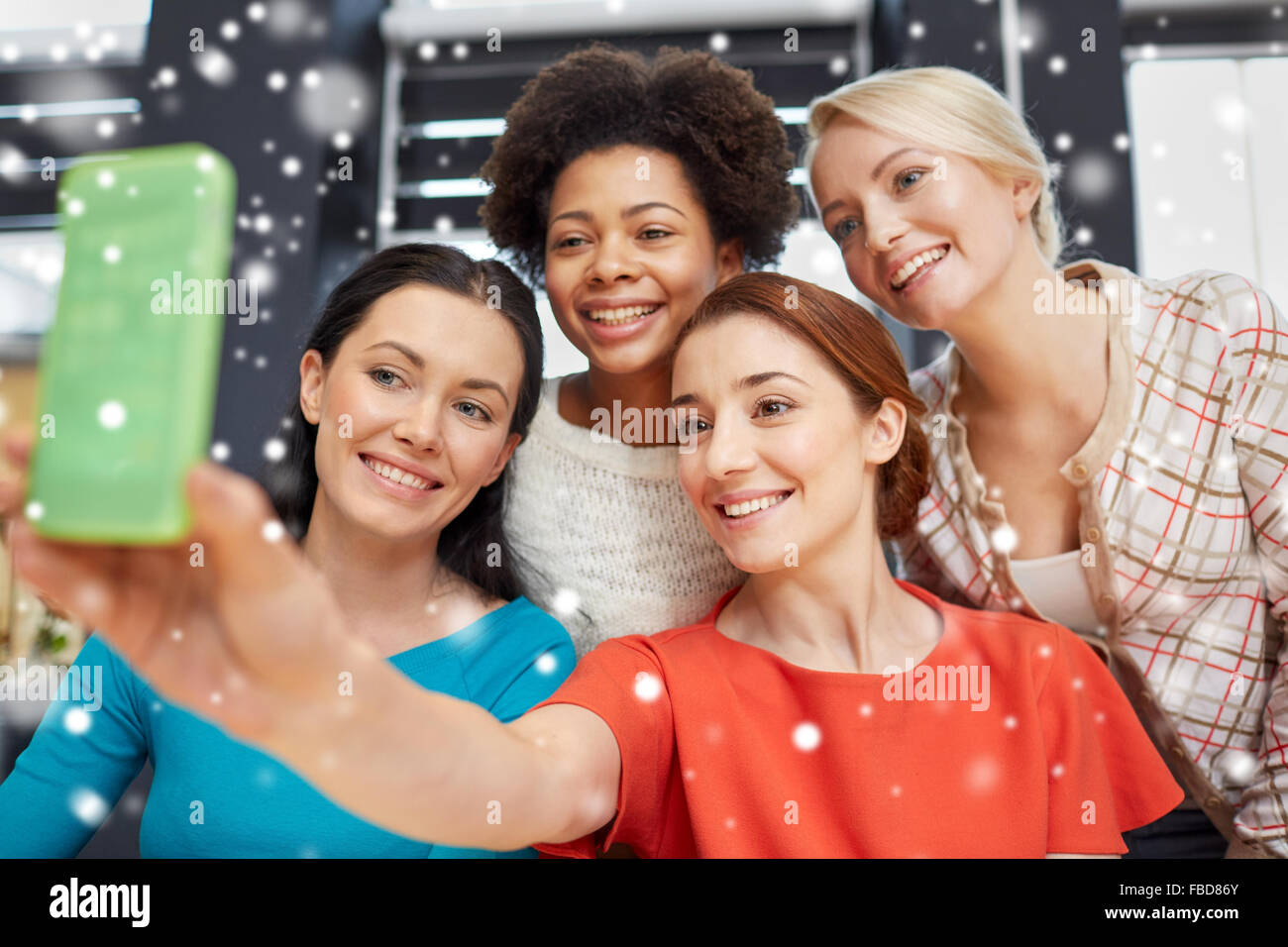 happy young women taking selfie with smartphone Stock Photo - Alamy