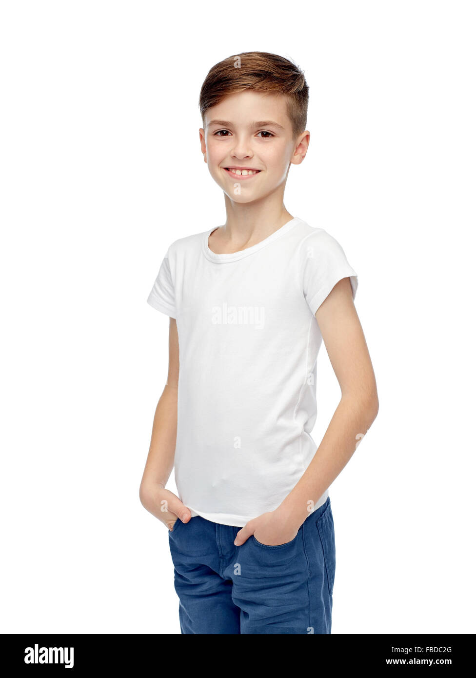 happy boy in white tshirt and jeans Stock Photo Alamy