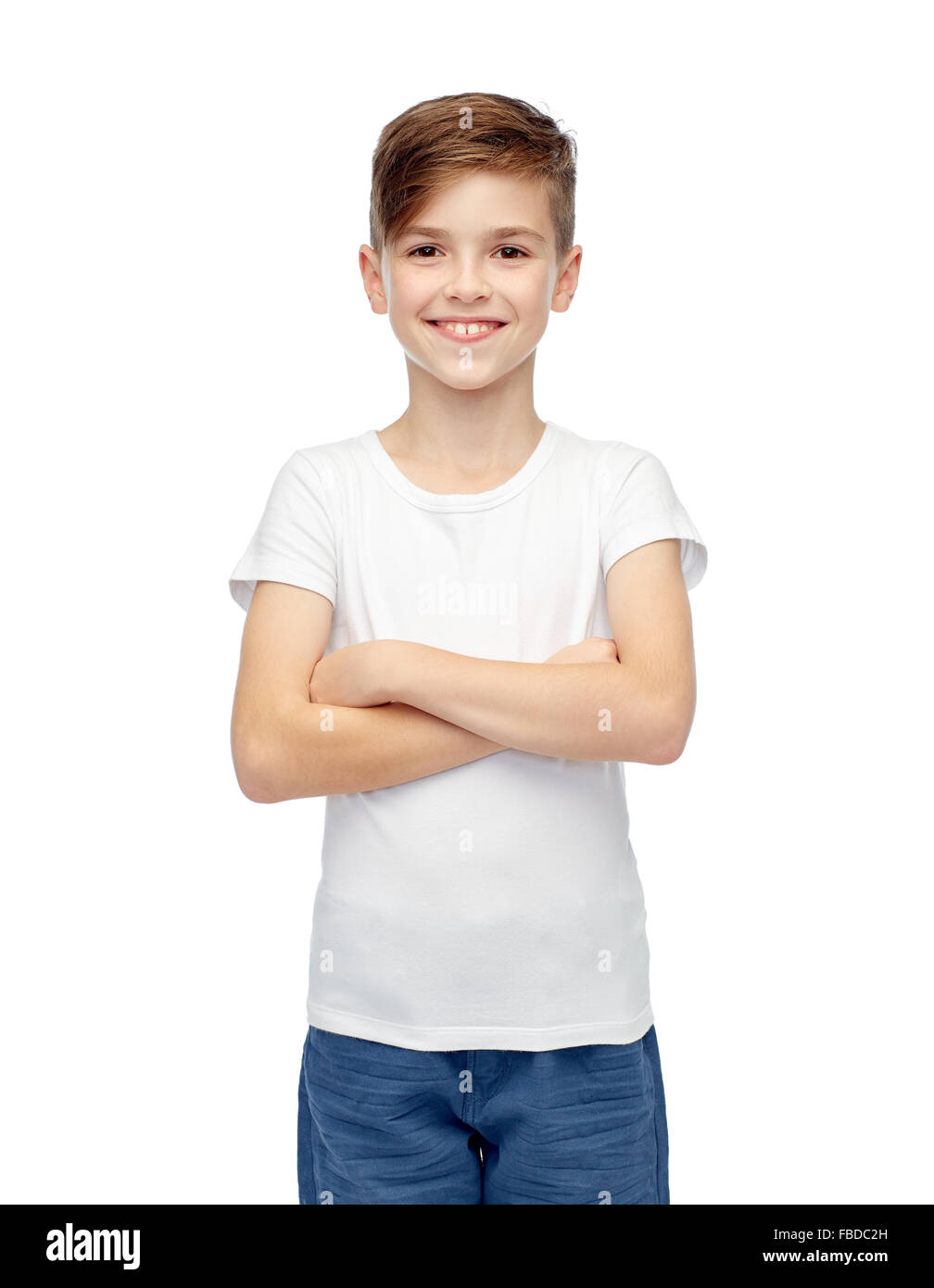 happy boy in white tshirt and jeans Stock Photo Alamy