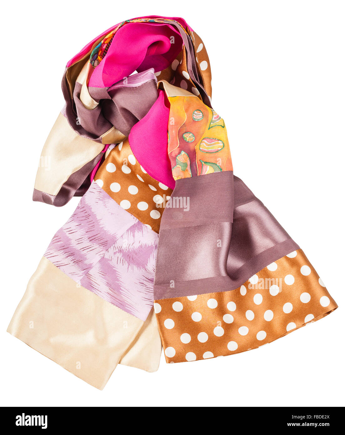knotted handmade sewing patchwork silk scarf with batik swatch isolated on white background Stock Photo