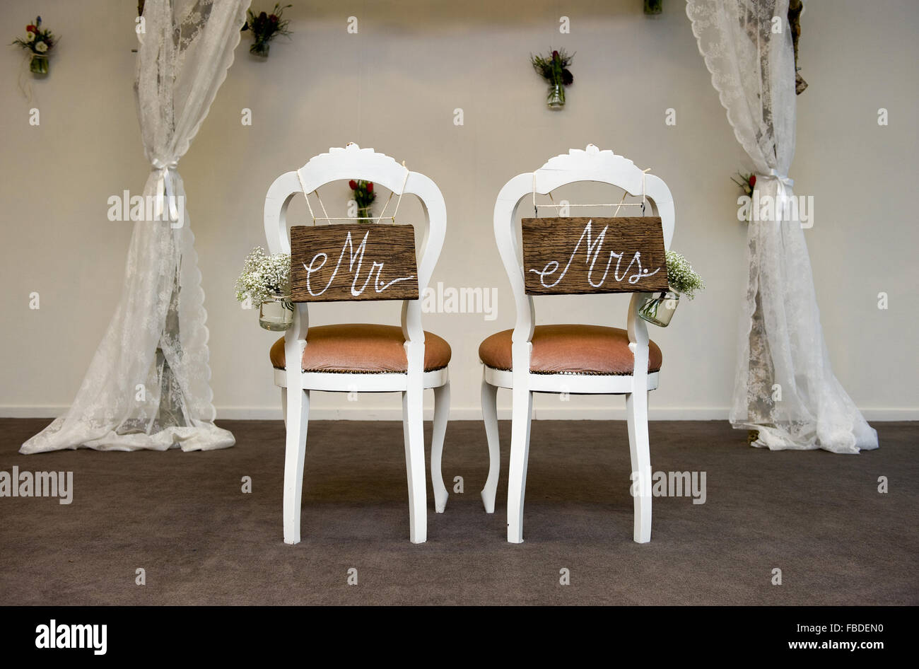 Two chairs where a marriage is going to happen Stock Photo