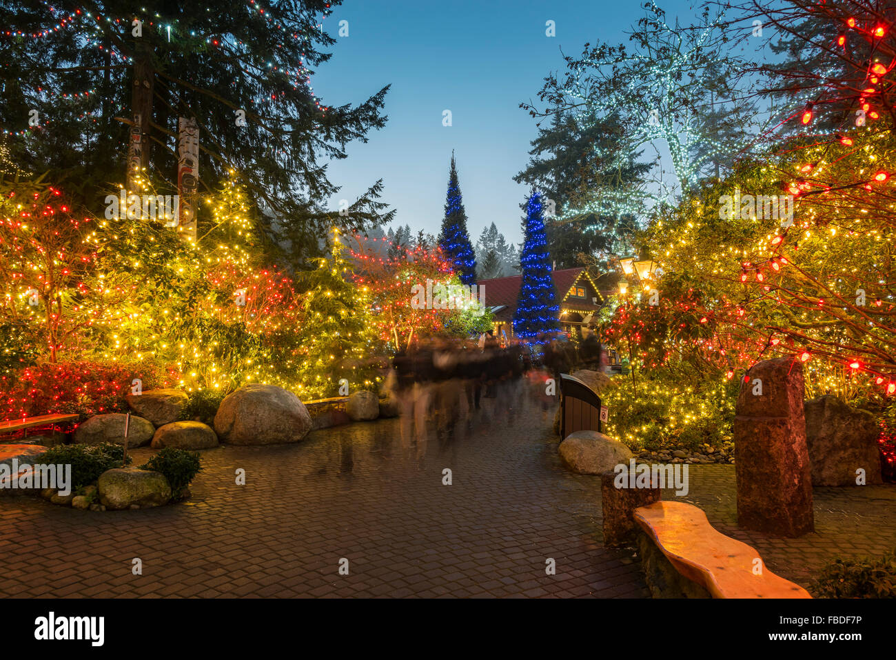Main entrance of Capilano Suspension Bridge Park decorated with Christmas lights, Vancouver, British Columbia, Canada Stock Photo