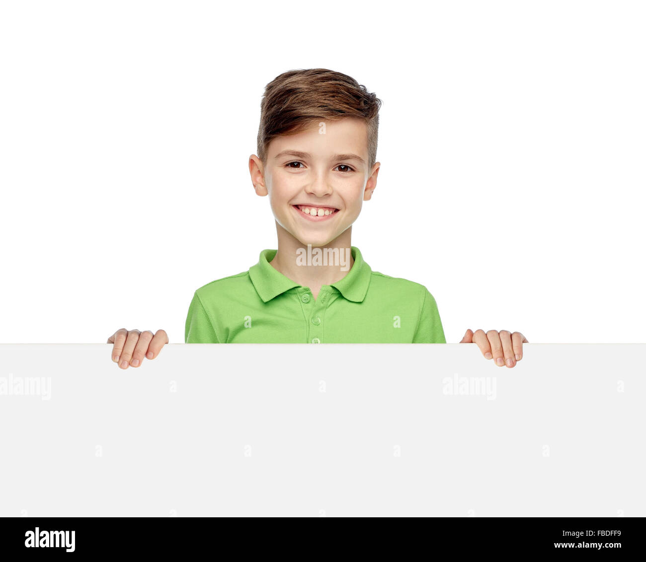 happy boy in t-shirt holding white blank board Stock Photo - Alamy