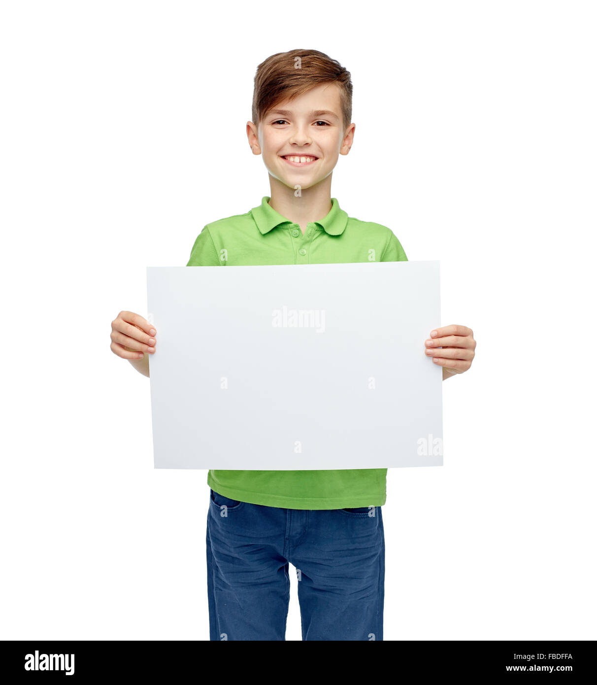 happy boy in t-shirt holding white blank board Stock Photo - Alamy