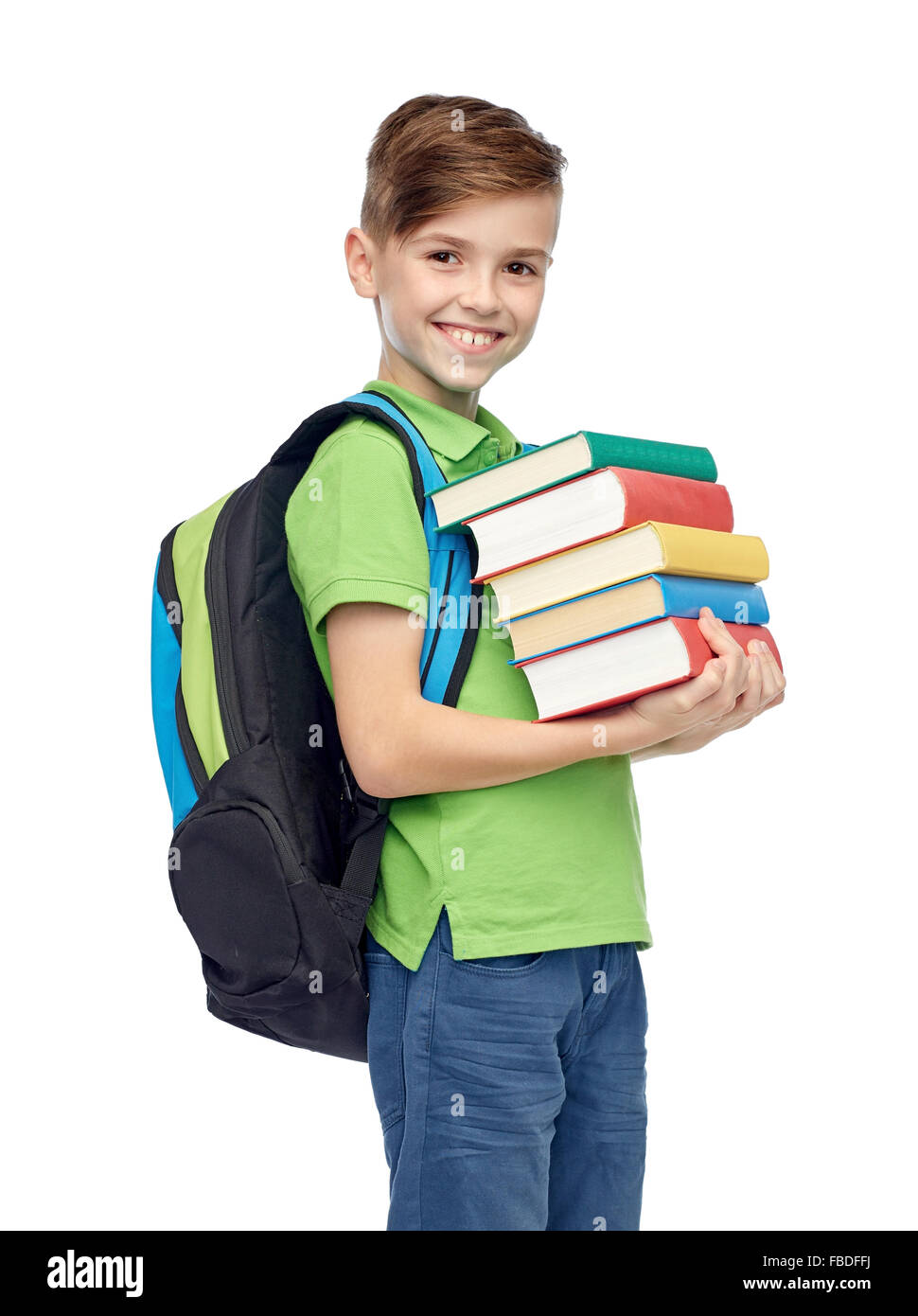 happy student boy with school bag and books Stock Photo - Alamy