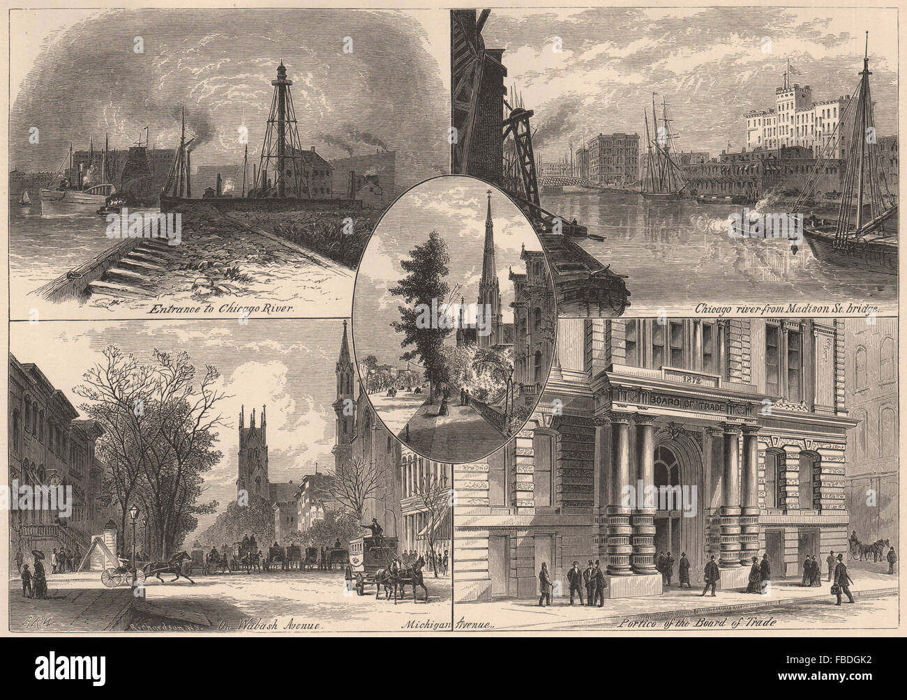 CHICAGO: River. Madison St bridge. Wabash Avenue, Board of Trade. Illinois, 1874 Stock Photo