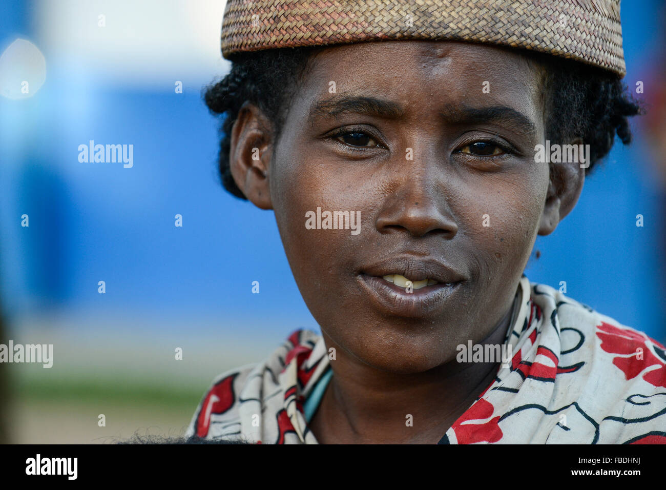 MADAGASCAR, Mananjary region, village, portrait of rural woman with bast hat Stock Photo