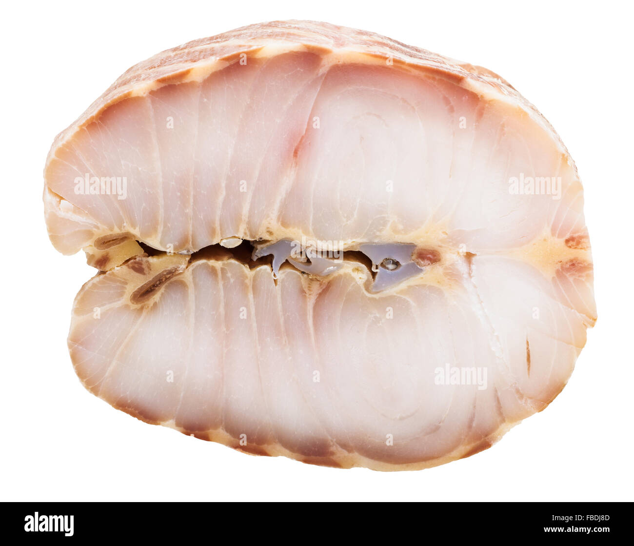 piece of hot smoked Starry sturgeon fish isolated on white background Stock Photo