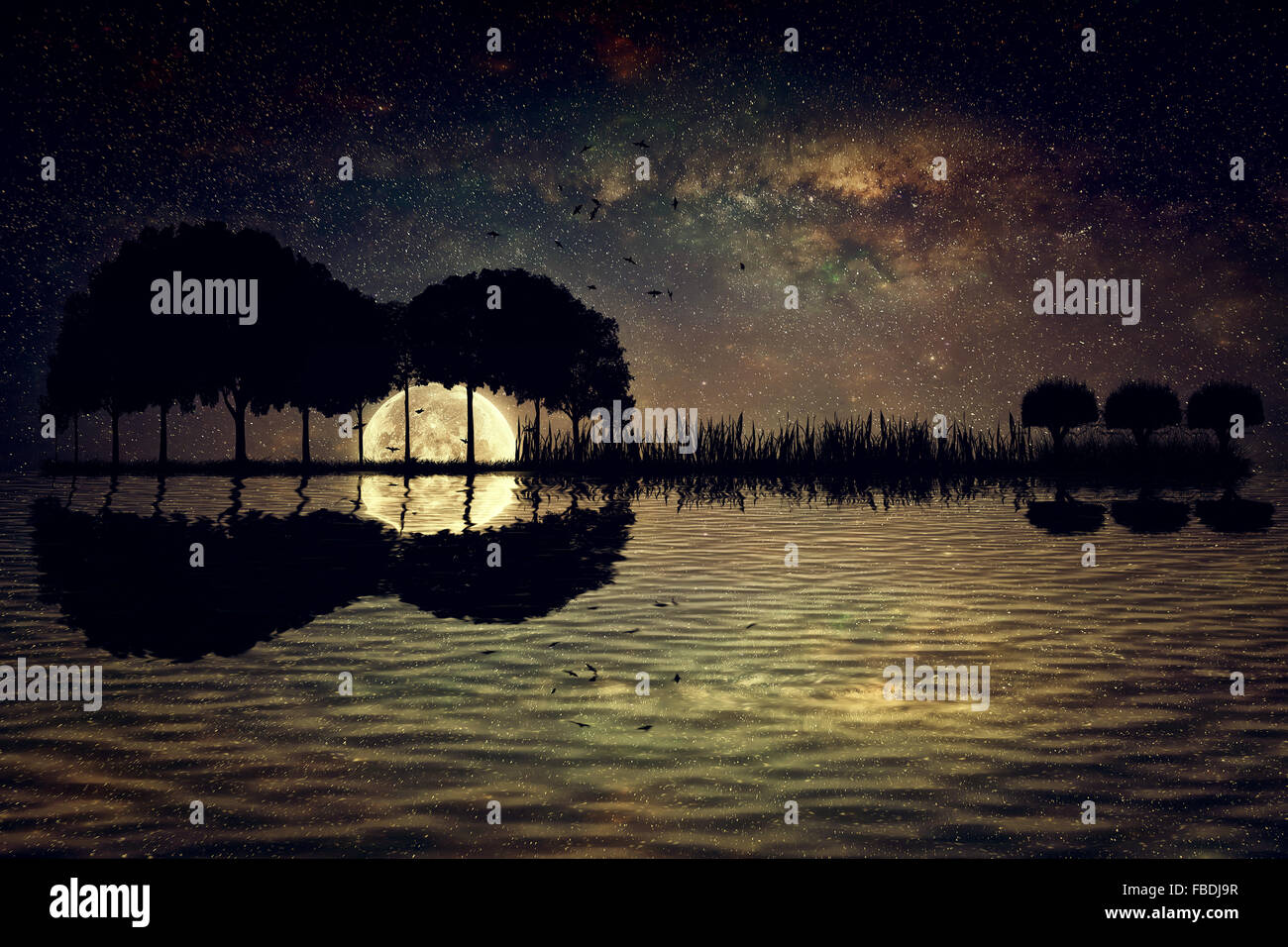 Trees arranged in a shape of a guitar on a starry sky background in a full moon night. Music island with a guitar reflection in Stock Photo