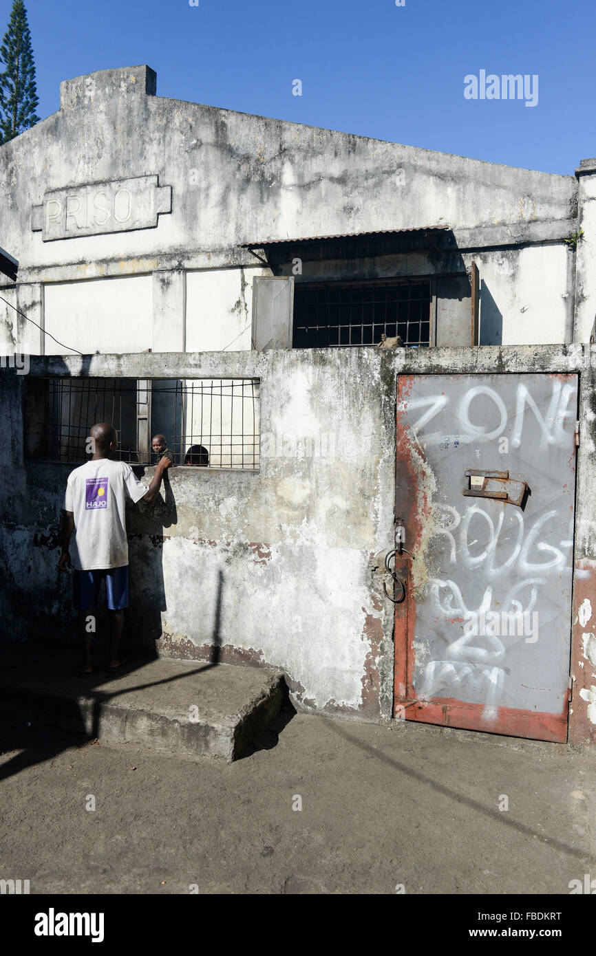 MADAGASCAR, Mananjary, gate of prison with writing Zone rouge - red zone Stock Photo