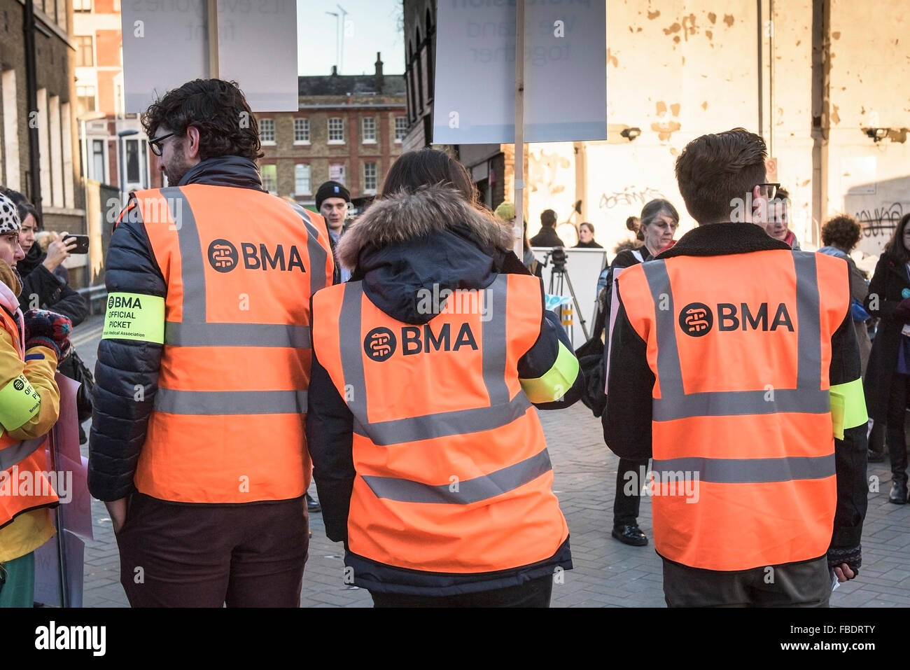 Junior doctors begin their 24 hr strike action and form a picket line outside the Royal London Hospital in Whitechapel, London. Stock Photo