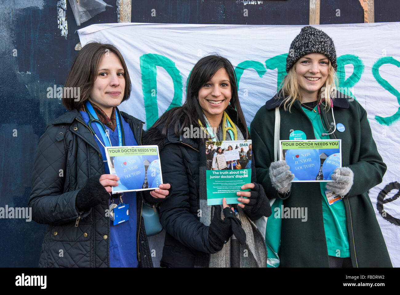 Junior doctors form a picket line outside the Royal London Hospital in Whitechapel, London. Stock Photo