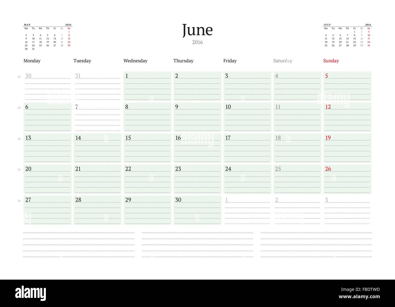 Monthly Calendar Planner 2016. Vector Print Template. June. Week Starts