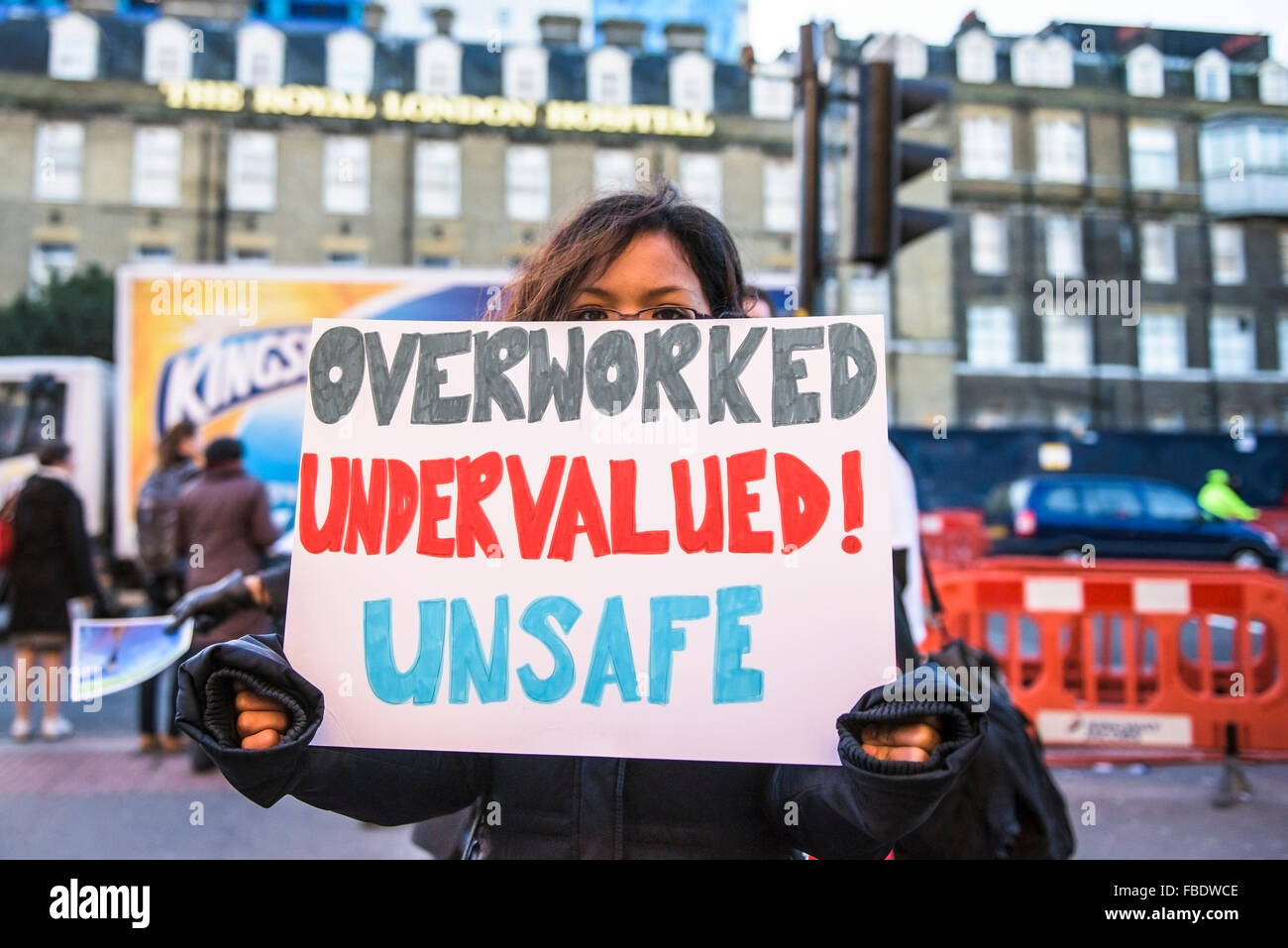 Junior doctors begin their 24 hr strike action and form a picket line outside the Royal London Hospital in Whitechapel, London. Stock Photo