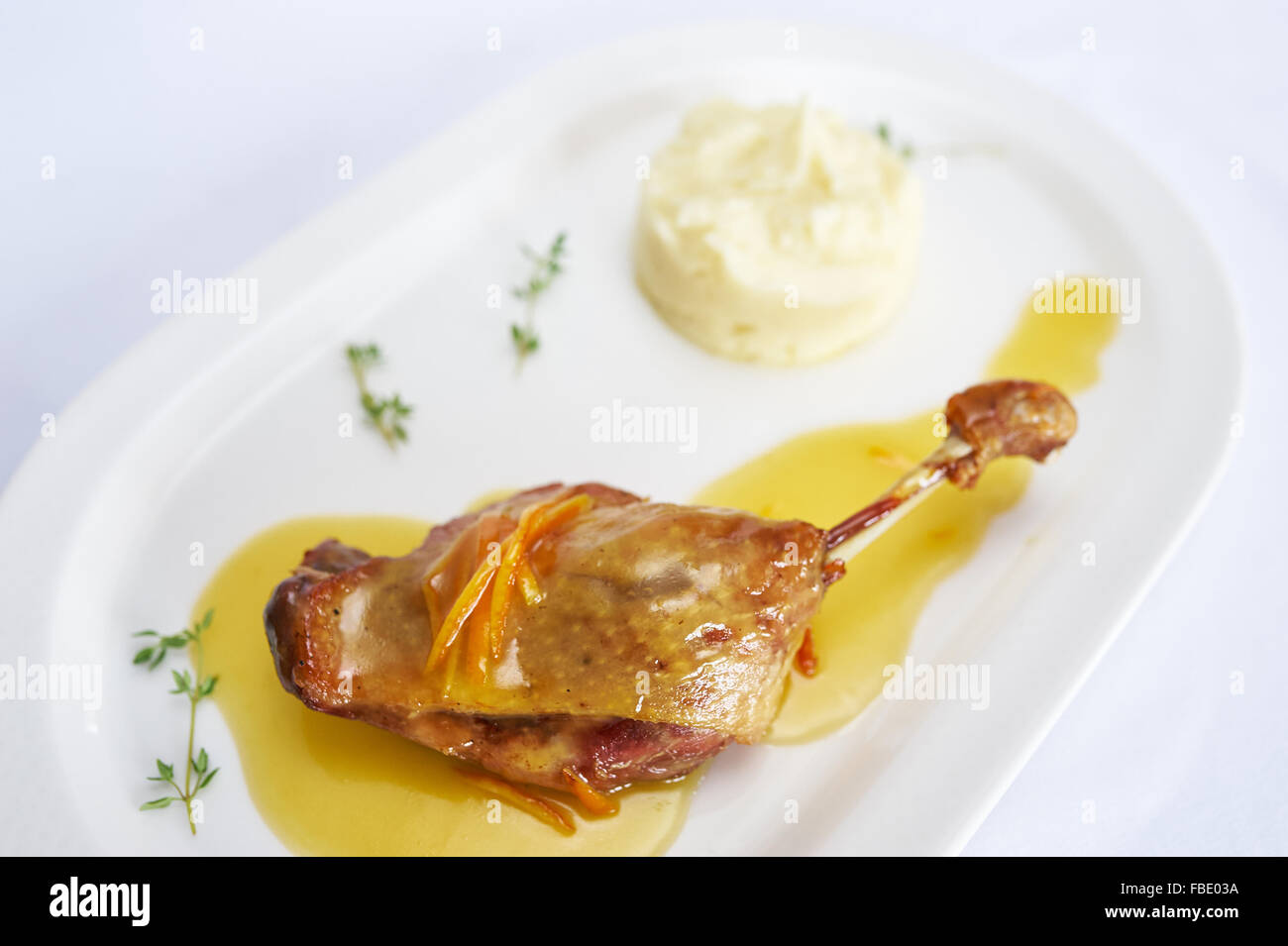 Duck leg with mashed potatoes on white plate studio shot Stock Photo
