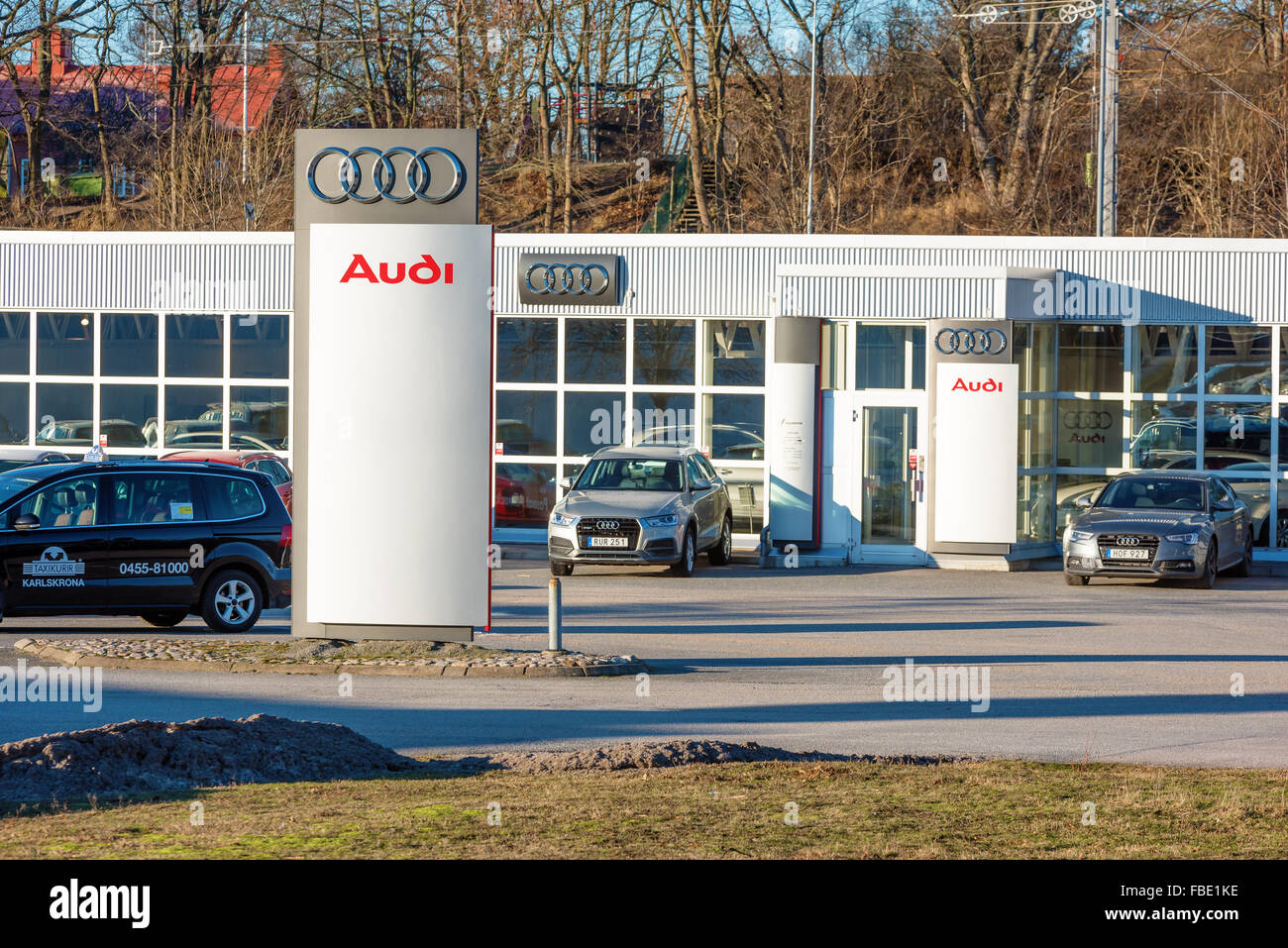 Karlskrona, Sweden - January 13, 2016: Jeppssons Audi dealer facade with cars in front. One is a silver Audi U8 2015 and another Stock Photo