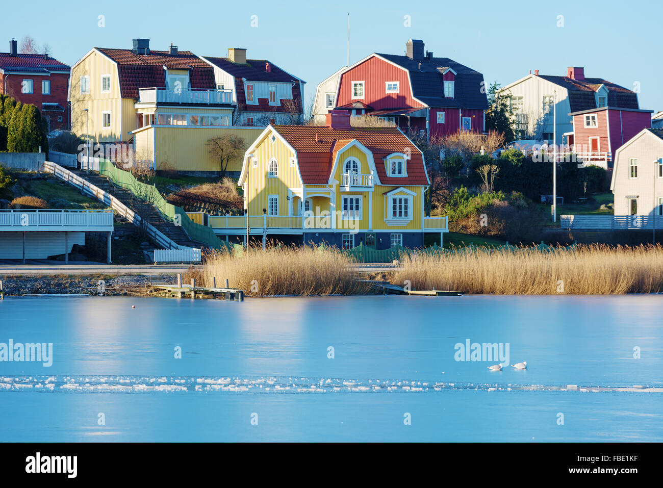 Karlskrona, Sweden - January 13, 2016: Private homes on Lango. Lango is a fine travel location in central Karlskrona. People her Stock Photo
