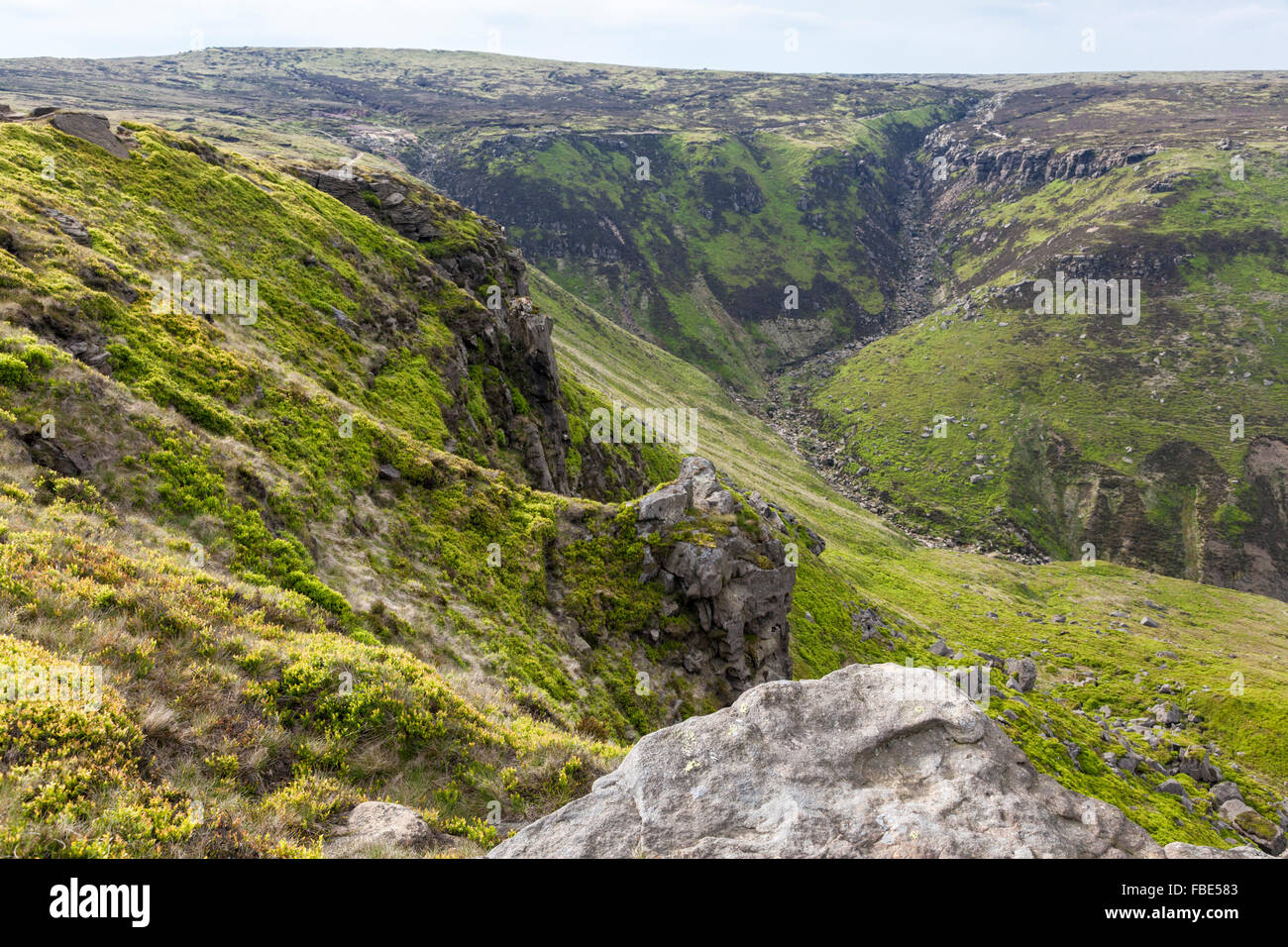Summer evening light on Grindsbrook Clough, Kinder Scout, Derbyshire, Peak District National Park, England, UK Stock Photo