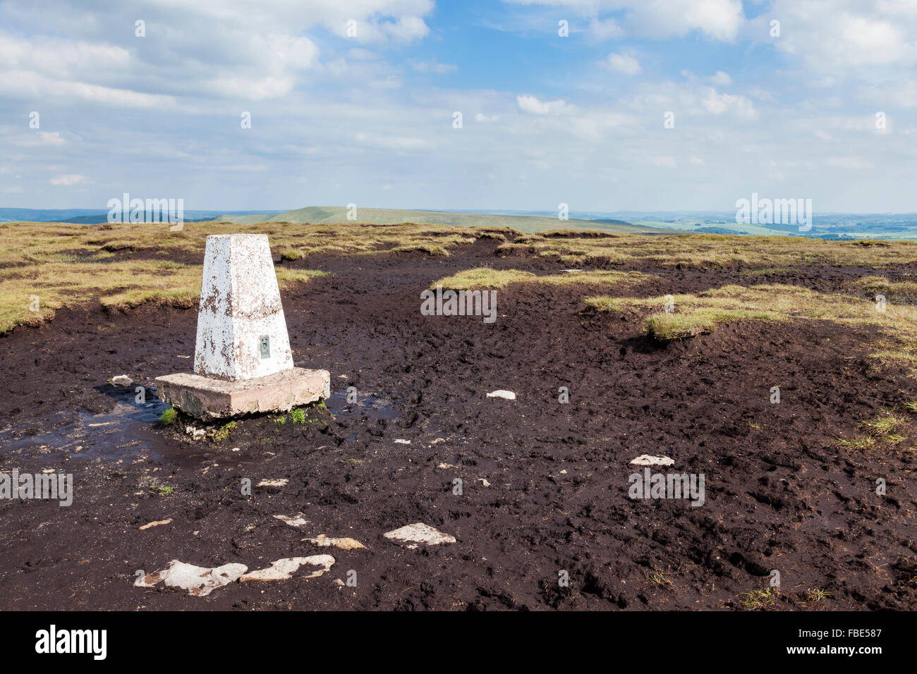 Triangulation station or trig point on moorland at Brown Knoll, Derbyshire, Peak District National Park, England, UK Stock Photo