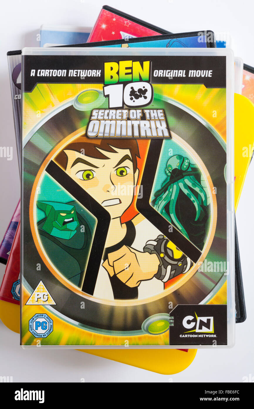 pile of DVDs with Ben 10 secret of the ominitrix dvd on top Stock Photo