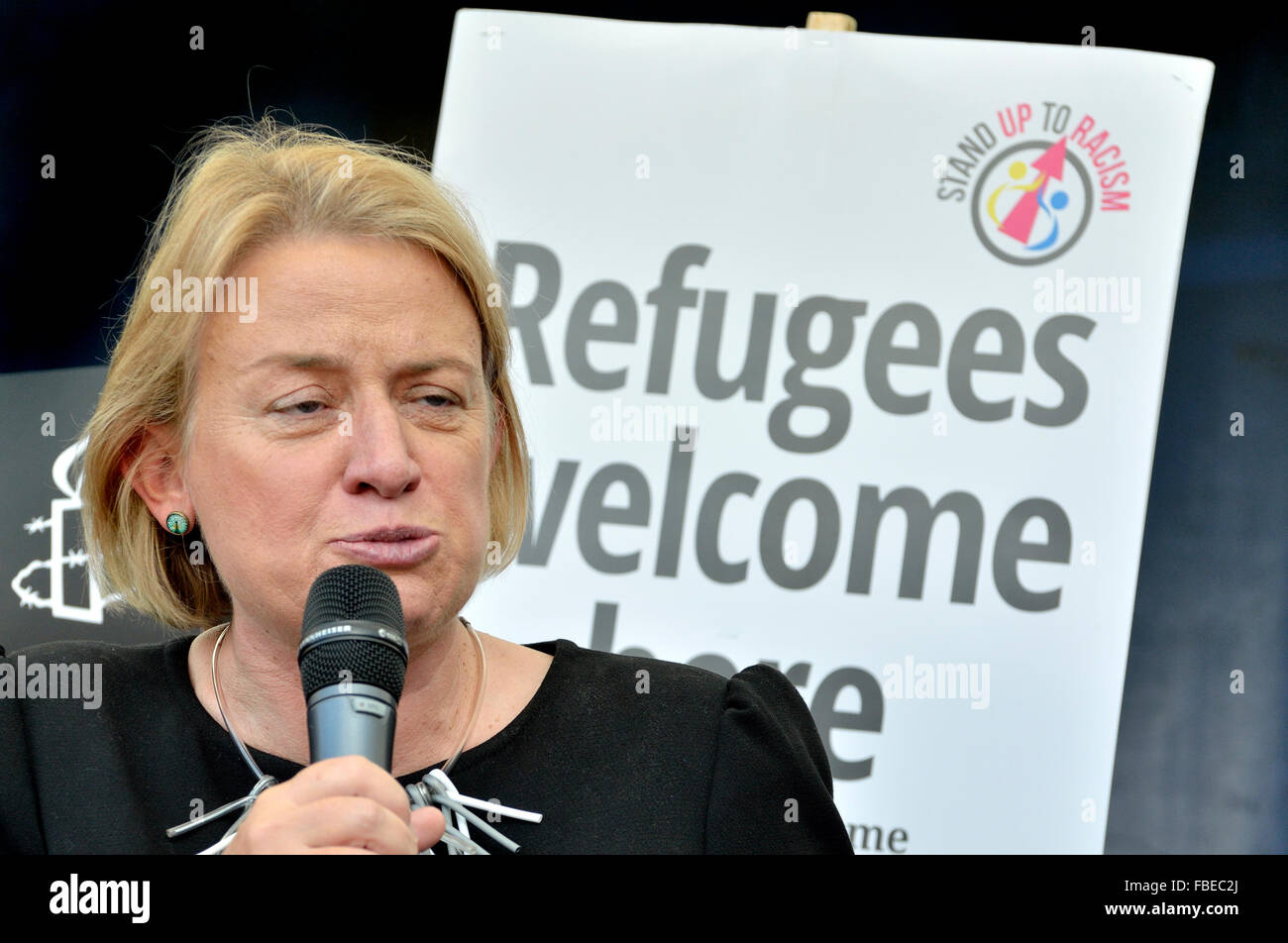 Natalie Bennett, leader of the Green Party, speaking at the 'Refugees Welcome Here' rally in Parliament Square, London 2015 Stock Photo