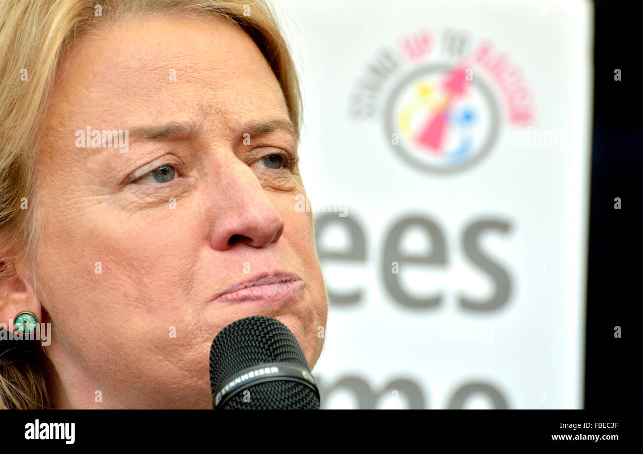 Natalie Bennett, leader of the Green Party, speaking at the 'Refugees Welcome Here' rally in Parliament Square, London 2015 Stock Photo