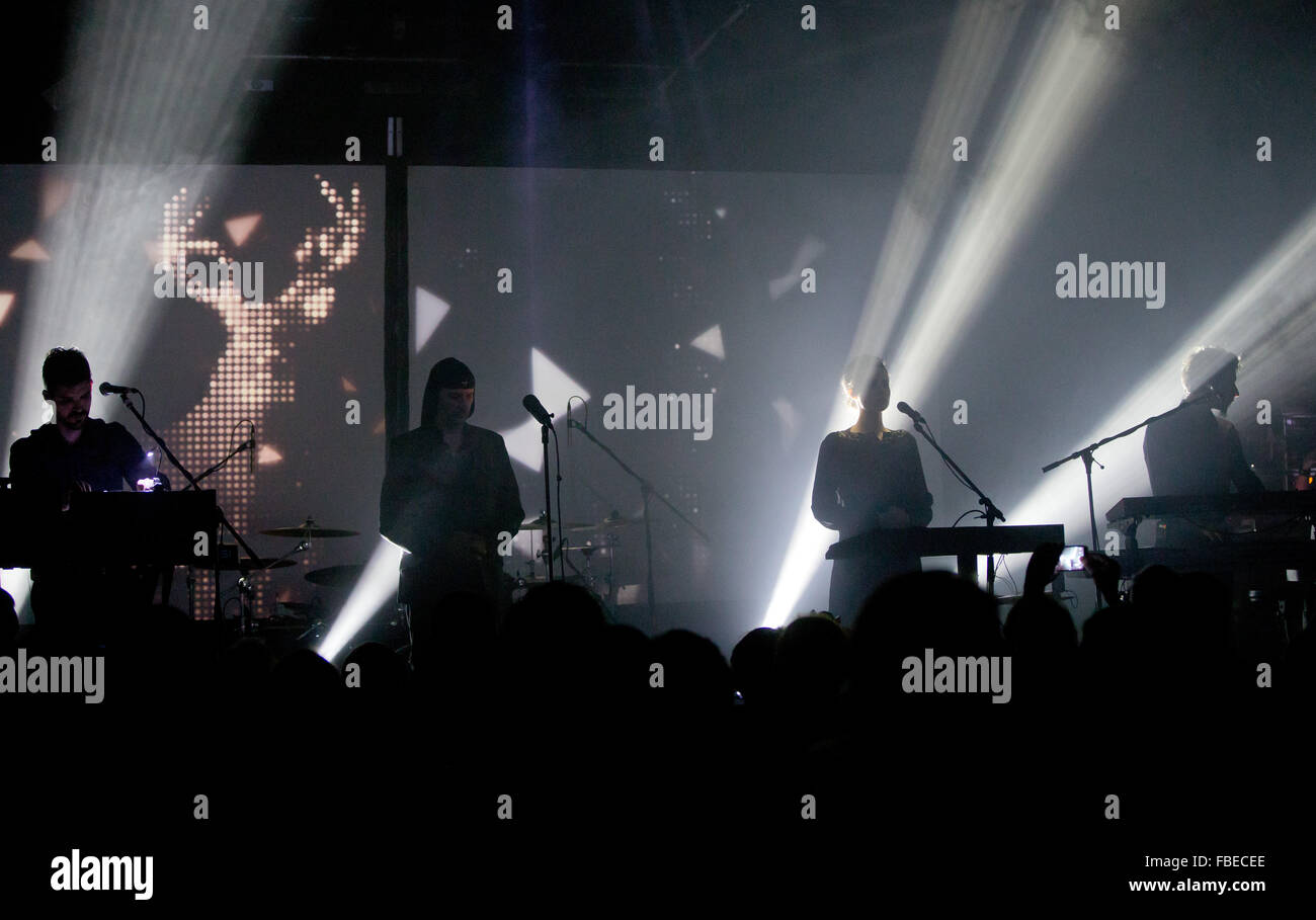 The Slovenian band Laibach performs on stage in Nuremberg, Germany, 13 January 2016. The band was founded in 1980 in the former Yugoslavia and their music is a mixture of industrial rock and electronic music. The band's martial symbols and performance are controversial. Even the name Laibach, the German name for the Slovenian captial Ljubljana, was a provocation in communist Yugoslavia. Photo: DANIEL KARMANN/dpa Stock Photo