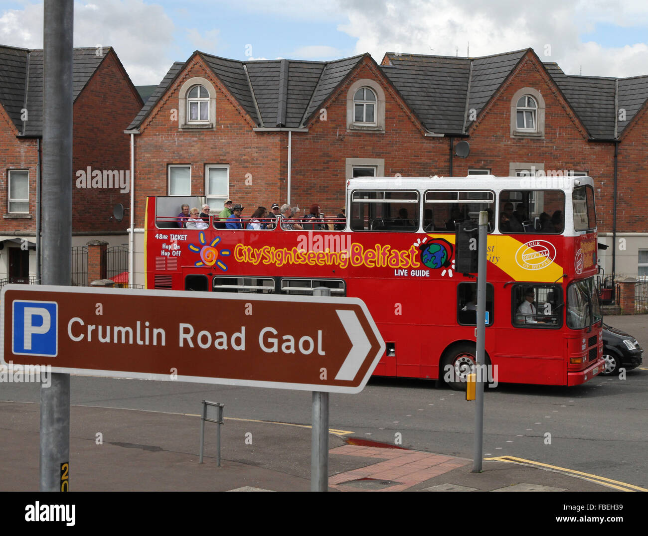 Belfast Sightseeing bus at the corner of Agnes Street/Crumlin Road in Belfast. Stock Photo