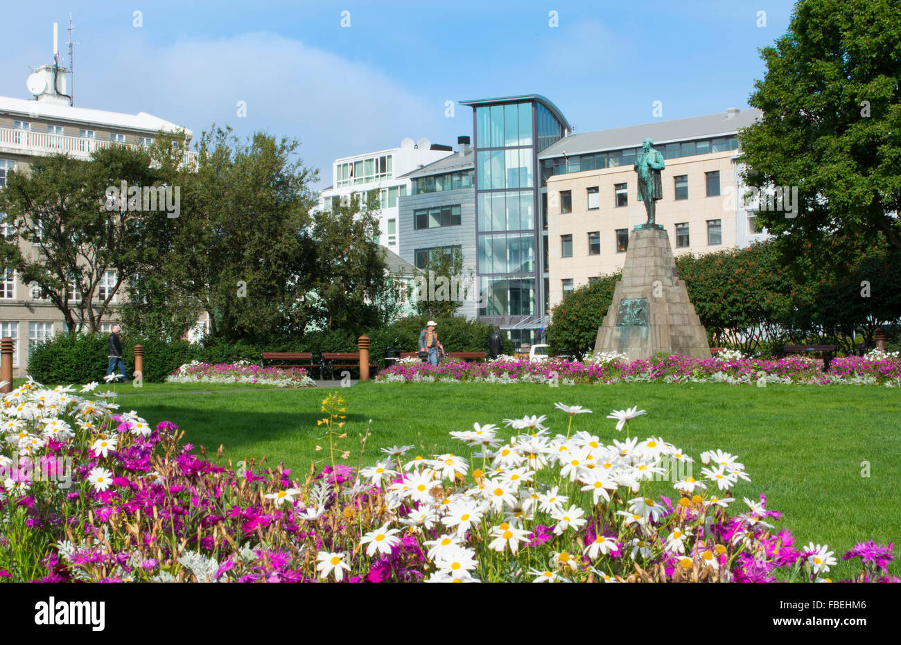 Reykjavik Iceland downtown colorful park with flowers in city center in