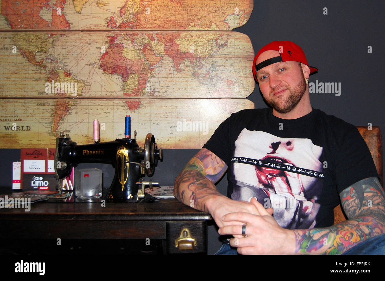 Randy Engelhard Sitting In Front Of A Map Of The World In His Tattoo Studio In Zwickau Germany 13 January 2016 Tattoo Fans Are Due To Flock To Zwickau From 15 17 January