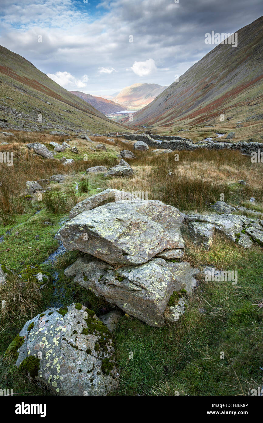 View north along Kirkstone Pass valley towards Brothers Water, Lake District, Cumbria, England, Europe. Stock Photo