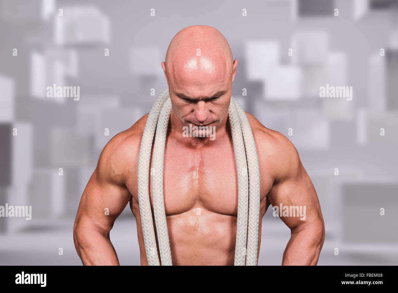 Composite image of bald man with rope around neck Stock Photo