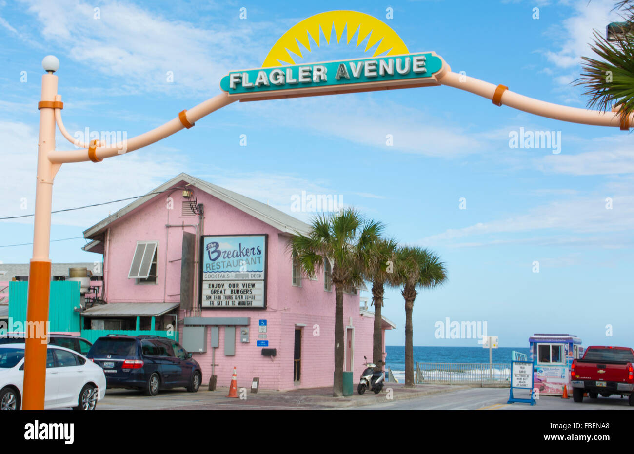 New Smyrna Beach Florida Famous Flagler Avenue Entrance To Drive On Beach With Breakers Restaurant In Pink Stock Photo Alamy