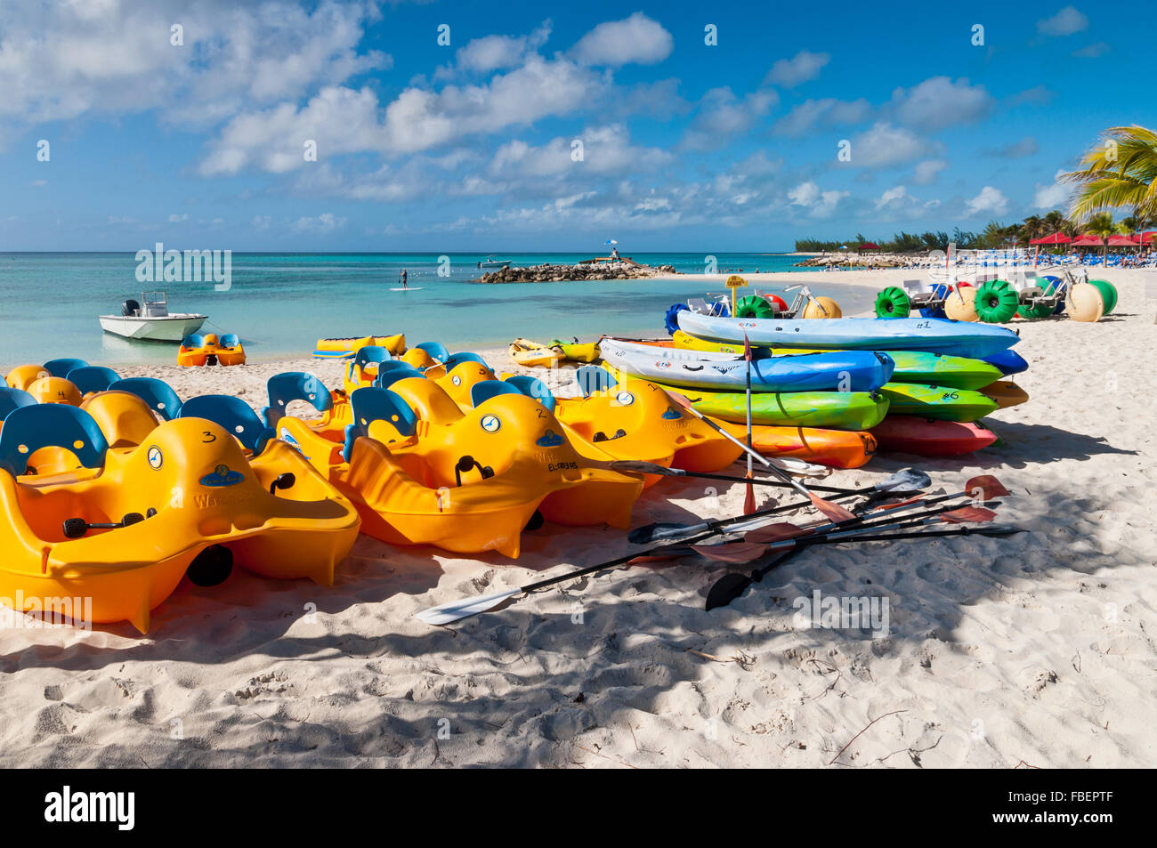 Water sport equipments on the Princess Cays beach, Eleuthera in the Bahamas Stock Photo