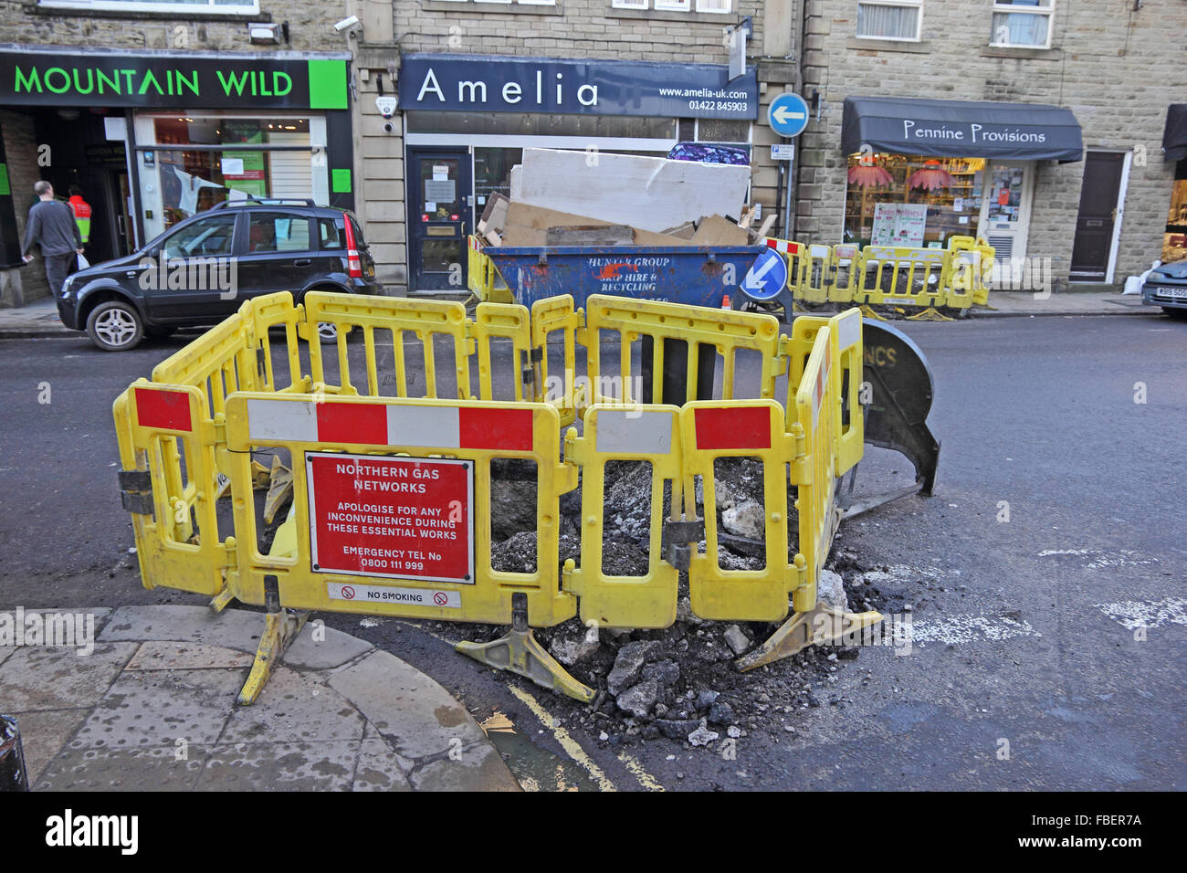 Hebden Bridge, UK. 15th Jan, 2016. Gas and building repair work following flooding in Hebden Bridge Stock Photo