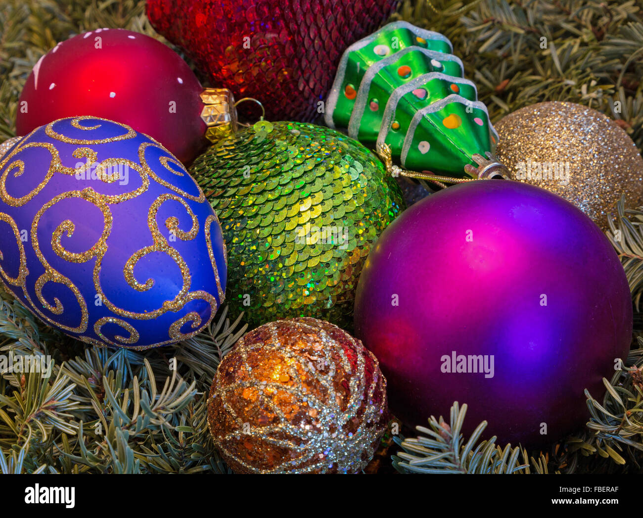 close up of Christmas tree ornaments Stock Photo