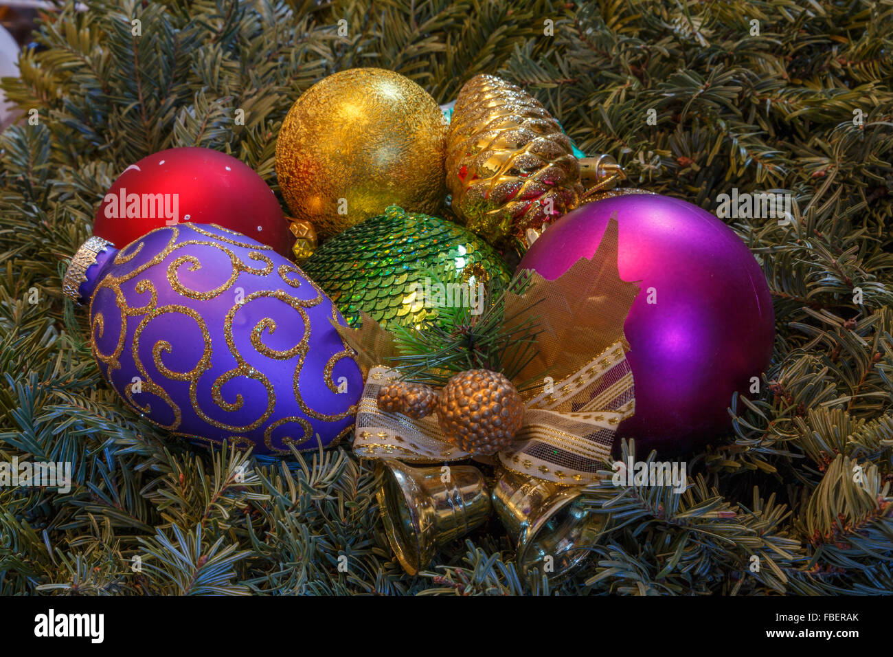 close up of Christmas tree ornaments Stock Photo