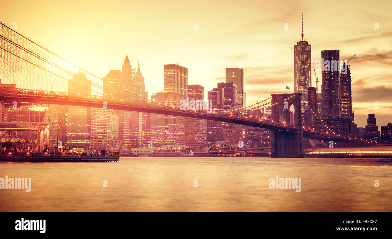 Retro stylized Manhattan at sunset, New York, USA. Stock Photo