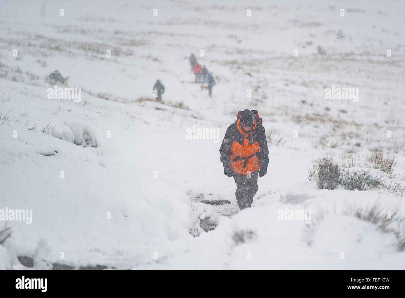 Powys, Wales. 15th January 2016. Snow covers much of the Brecon Beacons National Park.  Pictured: A man ascends through falling snow on the ascent to Pen y Fan. Credit:  Polly Thomas/Alamy Live News Stock Photo