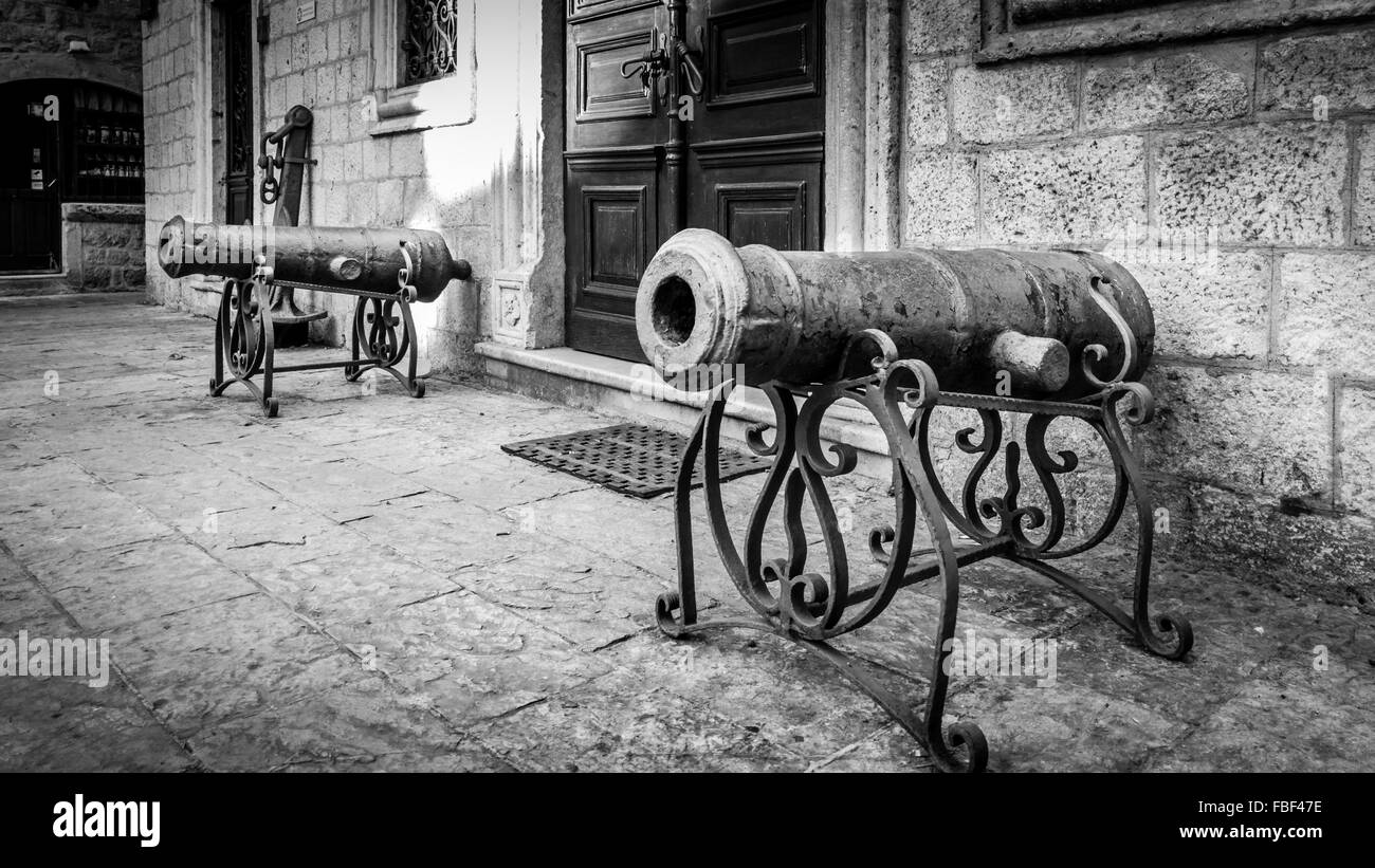 Canons,guardians of old town of Kotor Stock Photo
